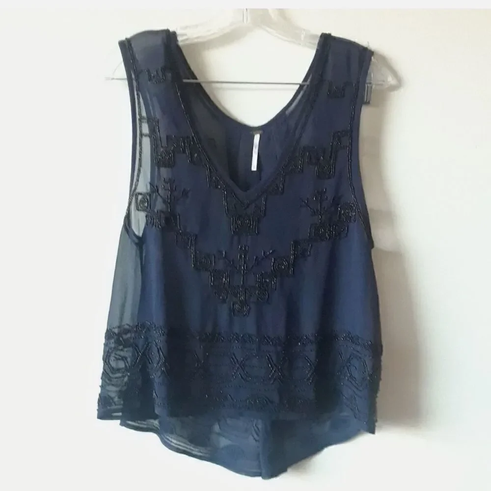Free People Navy Blue Sheer Beaded Run With It Tank Top